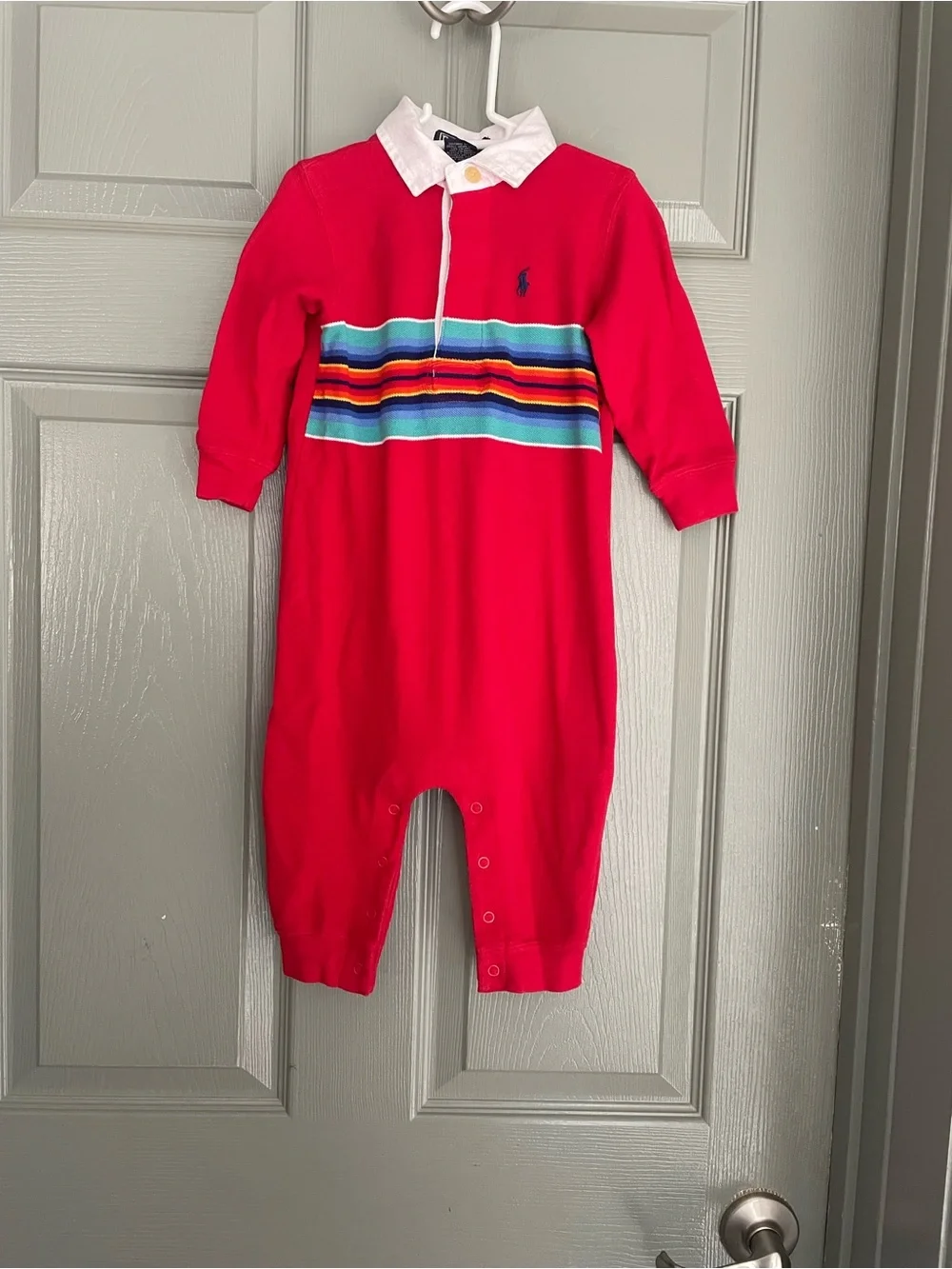 Vintage Polo by Ralph Lauren Red Rugby-Style Striped Baby Kids One-Piece Size 3m